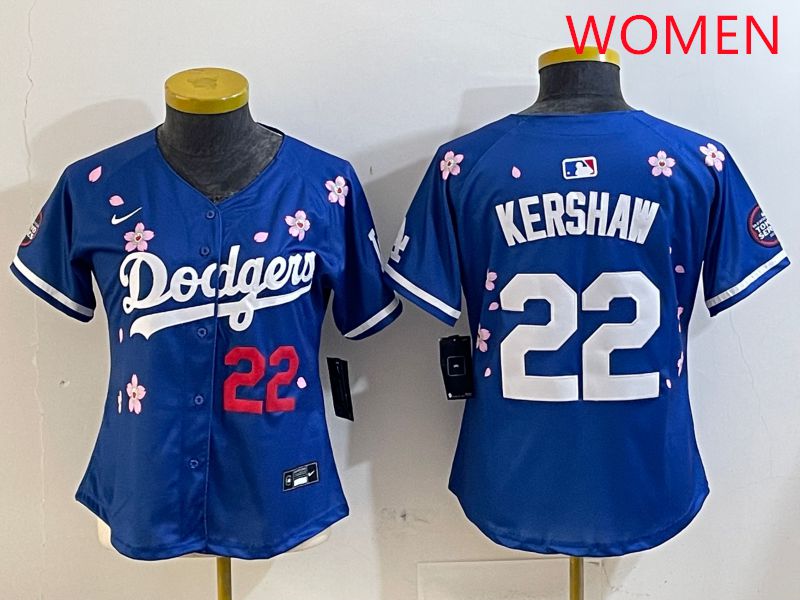 Women Los Angeles Dodgers #22 Kershaw Blue White Blue Sakura Edition 2025 Nike MLB Jersey style 3->women mlb jersey->Women Jersey